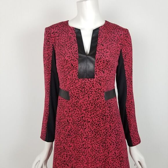 Nanette Lepore Womens Size 4 Pink & Black Leopard Print Silk Leather Trim Dress - Picture 2 of 6